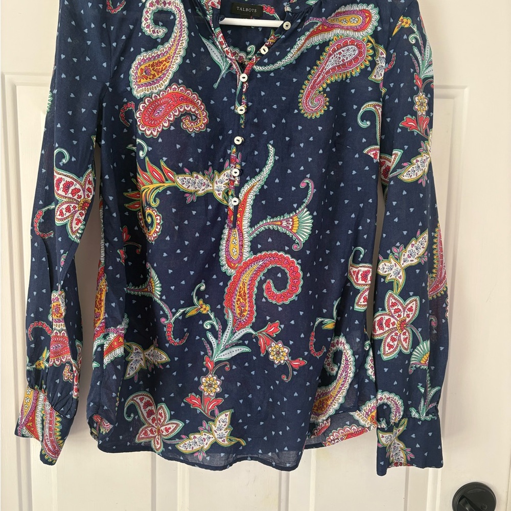Talbots Navy Paisley Print Blouse